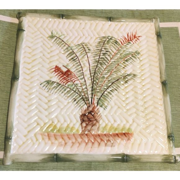 Style Eyes By Baum Bros 12" Palm Tree Square Serving Plate / Platter Bamboo Edge - Picture 5 of 9